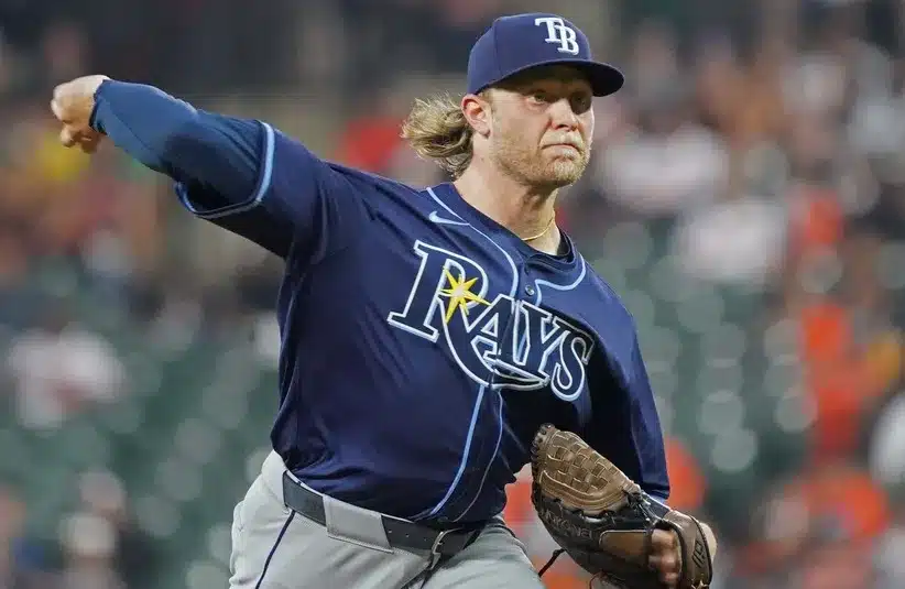 Tampa Bay Rays pitcher Shane Baz (11) throws pitch in the first inning. The Rays played the Yankees on September 22.