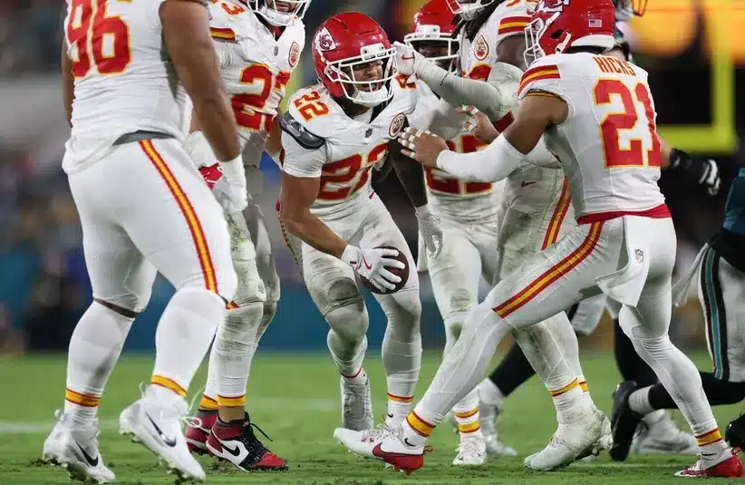 Kansas City Chiefs cornerback Trent McDuffie (22) celebrates after an interception