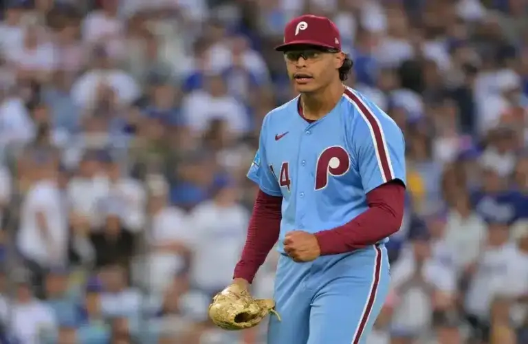 Philadelphia Phillies pitcher Jesus Luzardo (44) reacts after the tenth inning
