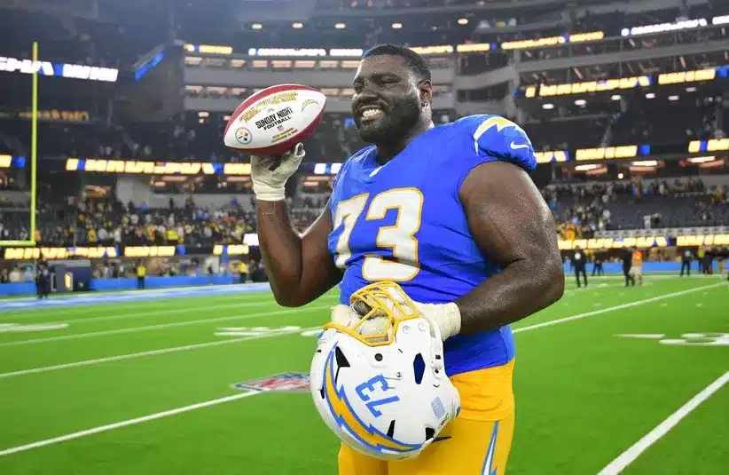 Los Angeles Chargers guard Mekhi Becton (73) reacts after the game