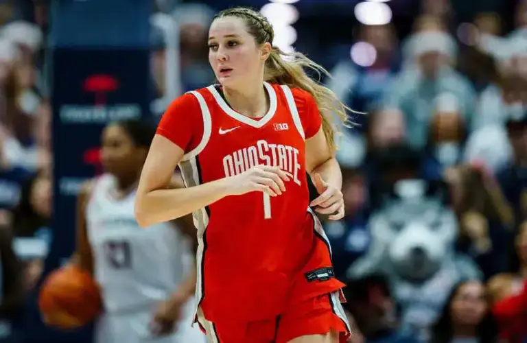 Ohio State Buckeyes forward Kylee Kitts (1) returns up court against Indiana.