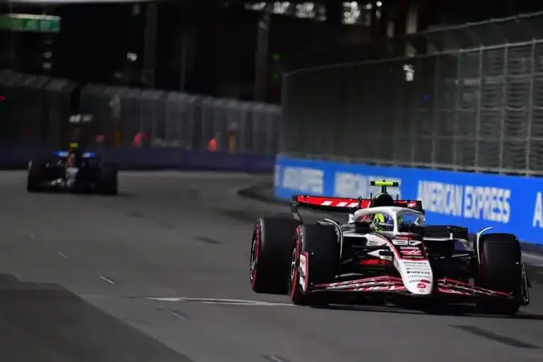 Nov 21, 2025; Las Vegas, NV, USA; Haas F1 Team driver Oliver Bearman (87) during practice for the Las Vegas Grand Prix at Las Vegas Strip Circuit.
