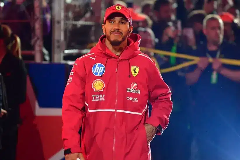 Nov 21, 2025; Las Vegas, NV, USA; Ferrari driver Lewis Hamilton (44) is introduced before the Las Vegas Grand Prix at Las Vegas Strip Circuit.