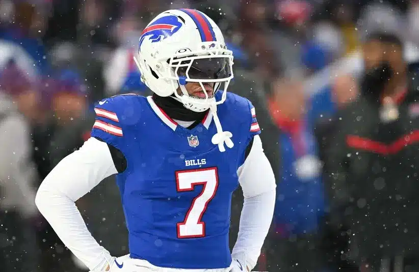 Buffalo Bills cornerback Taron Johnson (7) warms up before a game.