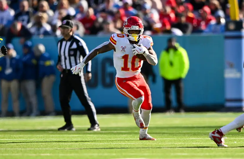 Kansas City Chiefs running back Isiah Pacheco (10) runs against the Tennessee Titans in the first half at Nissan Stadium.