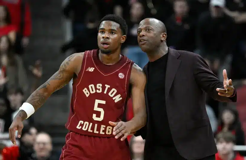 Boston College Eagles head coach Earl Grant talks with Fred Payne