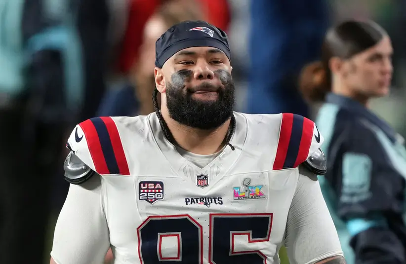 New England Patriots defensive tackle Khyiris Tonga (95) after Super Bowl LX against the Seattle Seahawks at Levi's Stadium.