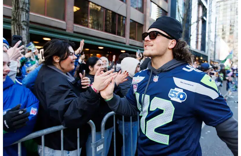 Drake Thomas during Super Bowl Parade in Seattle