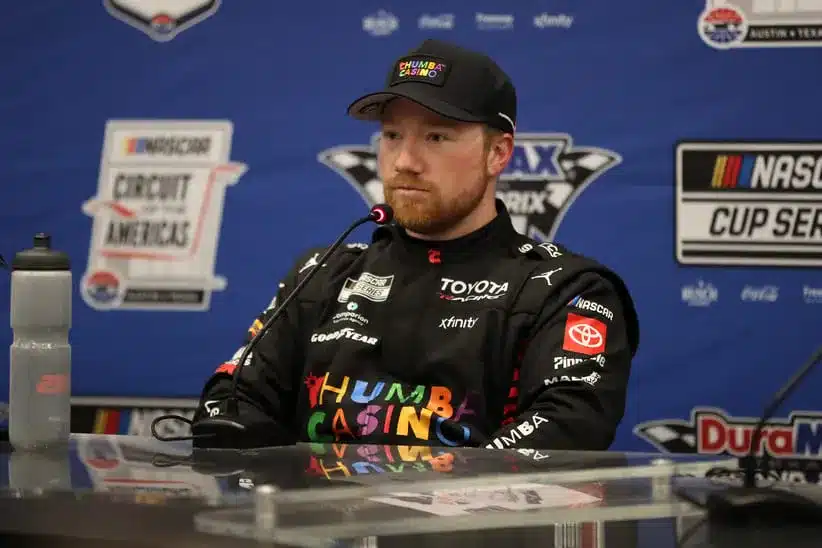 Feb 28, 2026; Austin, Texas, USA; NASCAR Cup Series driver Tyler Reddick (45) after winning the pole for the DuraMAX Texas Grand Prix Powered by RelaDyne at Circuit of the Americas. Mandatory Credit: Michael C. Johnson-Imagn Images