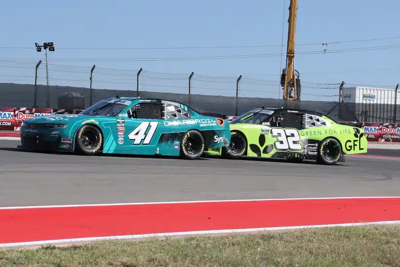 Feb 28, 2026; Austin, Texas, USA; O’Reilly NASCAR O’Reilly Auto Parts Series driver Sam Mayer (41) and O’Reilly NASCAR O’Reilly Auto Parts Series driver Ross Chastain (32) during the NASCAR O’Reilly Auto Parts Series Focused Health 250 at Circuit of the Americas.