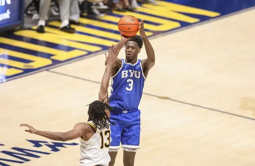 BYU Cougars forward AJ Dybantsa (3) shoots a three pointer