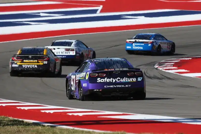 Mar 1, 2026; Austin, Texas, USA; NASCAR Cup Series driver Shane Van Gisbergen (97) enters turn 2 during the NASCAR Cup Series Duramax Texas Grand Prix Powered by RelaDyne at Circuit of the Americas. Mandatory Credit: Michael C. Johnson-Imagn Images