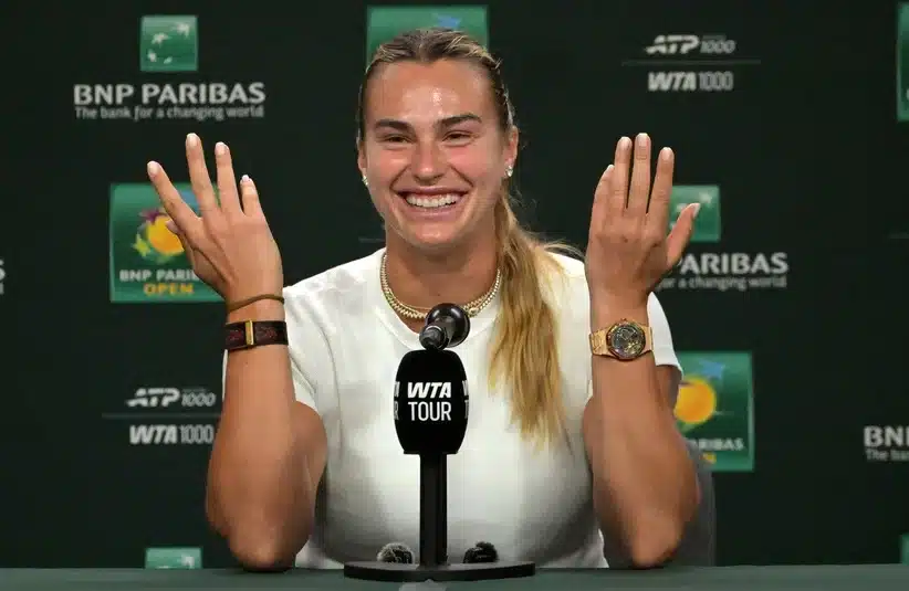 Sabalenka laughing in the press conference