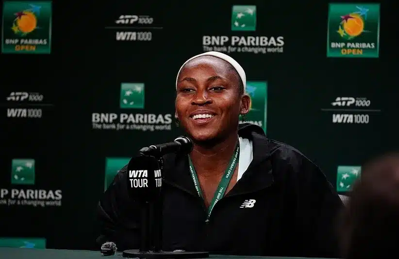 Coco Gauff speaks to the media ahead of the BNP Paribas Open main draw