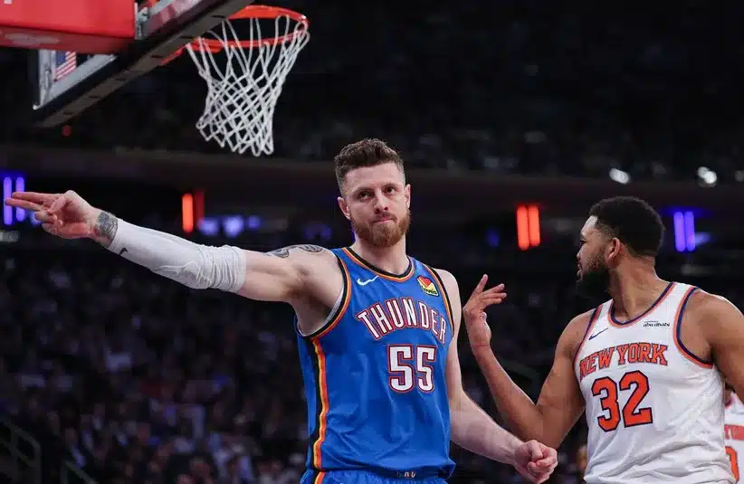 Oklahoma City Thunder center Isaiah Hartenstein (55) reacts after a call
