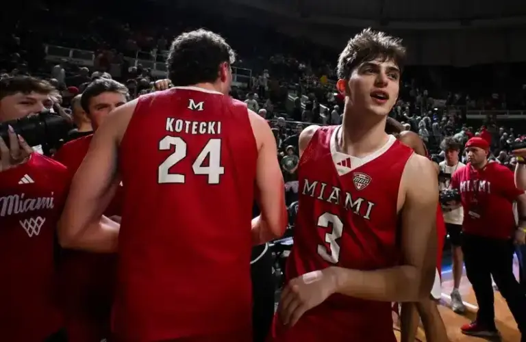Miami (OH) RedHawks guard Luke Skaljac (3) and forward Jackson Kotecki (24) celebrate