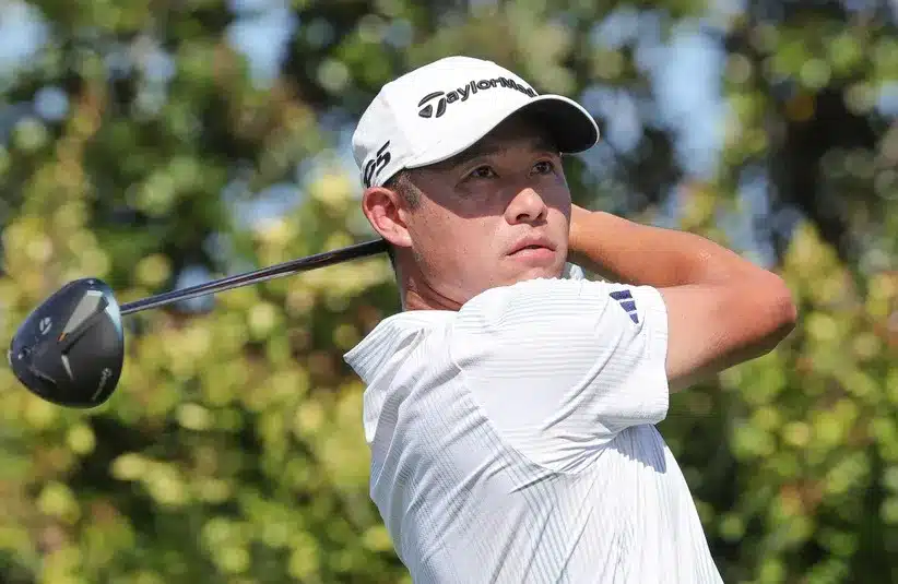 Collin Morikawa plays his shot from the ninth tee during the final round of the Arnold Palmer Invitational