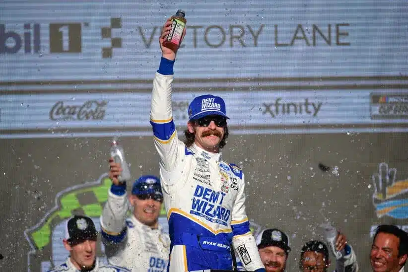 Mar 8, 2026; Avondale, Arizona, USA; Team Penske driver Ryan Blaney (12) celebrates his victory of the Straight Talk Wireless 500 at Phoenix Raceway.