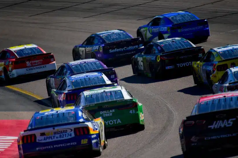 Gibbs and Hocevar; Mar 8, 2026; Avondale, Arizona, USA; NASCAR Cup Series drivers during the Straight Talk Wireless 500 at Phoenix Raceway.