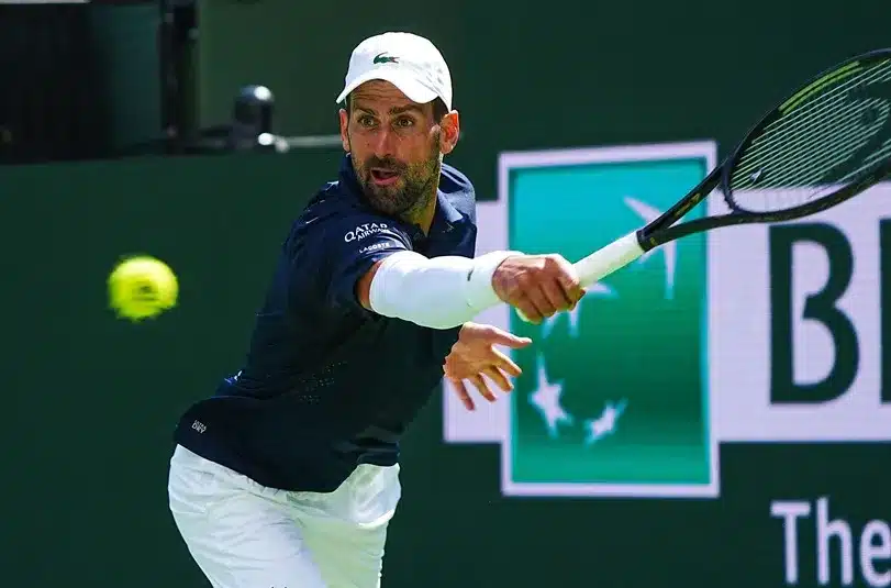 Novak Djokovic hits a return in his match against Aleksandar Kovacevic