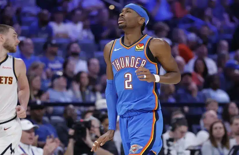 Oklahoma City Thunder guard Shai Gilgeous-Alexander (2) gestures after scoring