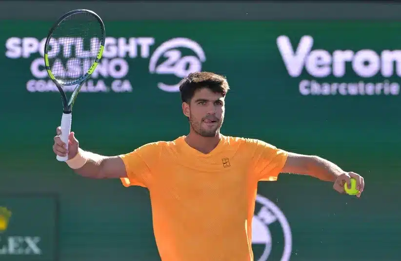 Carlos Alcaraz (ESP) reacts at match point as he defeated Casper Ruud (NOR)