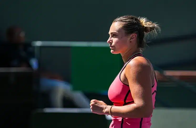 Aryna Sabalenka celebrates a point