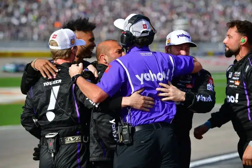 Mar 15, 2026; Las Vegas, Nevada, USA; The crew of Joe Gibbs Racing driver Denny Hamlin (11) celebrates his victory at the Pennzoil 400 at Las Vegas Motor Speedway.
