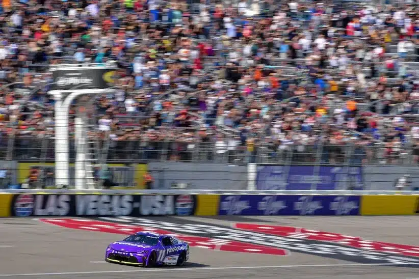 Mar 15, 2026; Las Vegas, Nevada, USA; Joe Gibbs Racing driver Denny Hamlin (11) crosses the line to win the Pennzoil 400 at Las Vegas Motor Speedway.