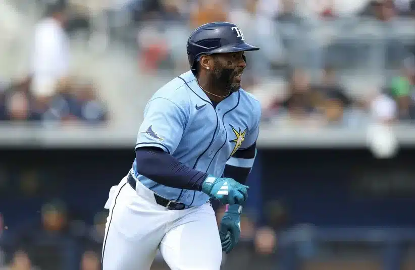 Tampa Bay Rays designated hitter Yandy Diaz (2) hits a ground rule double. He hits well against the Yankees.