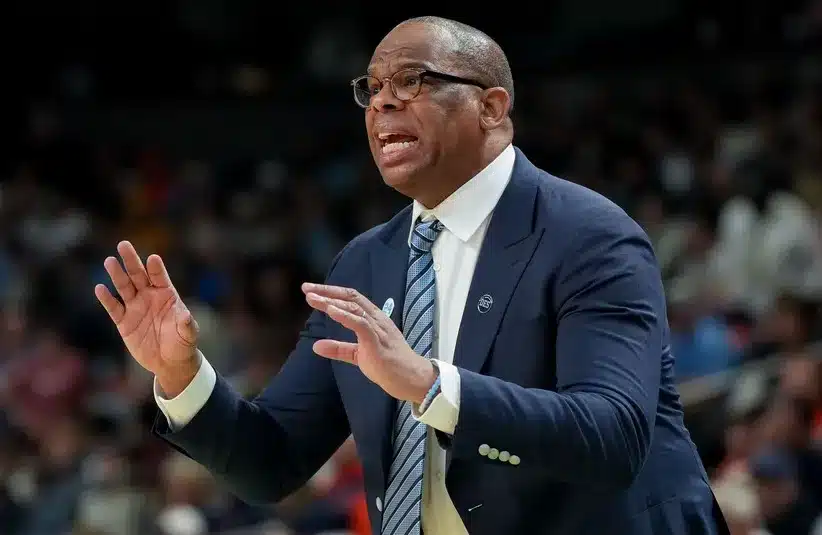 North Carolina Tar Heels head coach Hubert Davis instructs his team