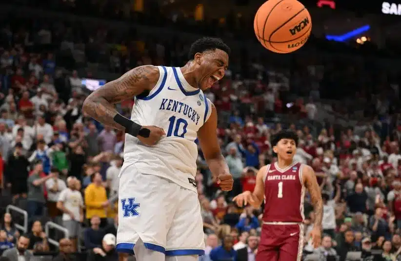 Kentucky Wildcats forward Brandon Garrison (10) reacts after dunking the ball