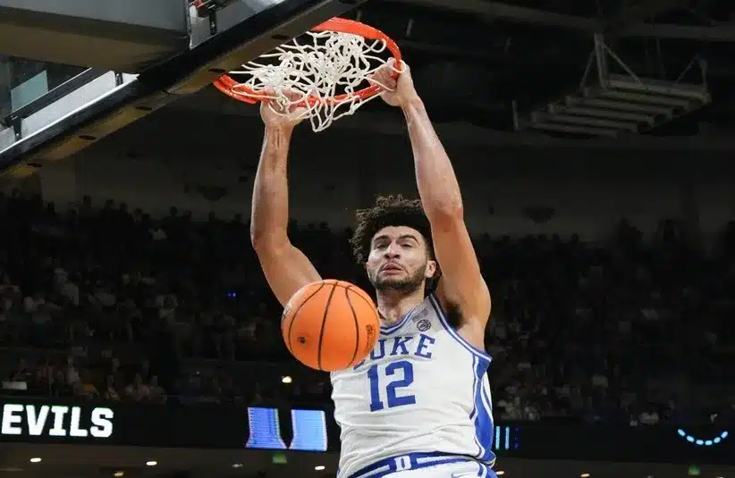 Duke Blue Devils forward Cameron Boozer (12) dunks during the second half of the NCAA Men’s Basketball Tournament