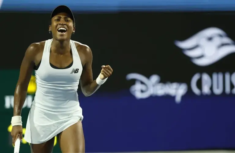 Coco Gauff (USA) celebrates after match point
