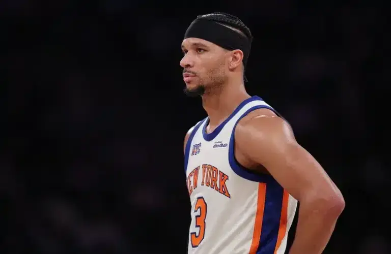 New York Knicks guard Josh Hart (3) looks on during the first half.