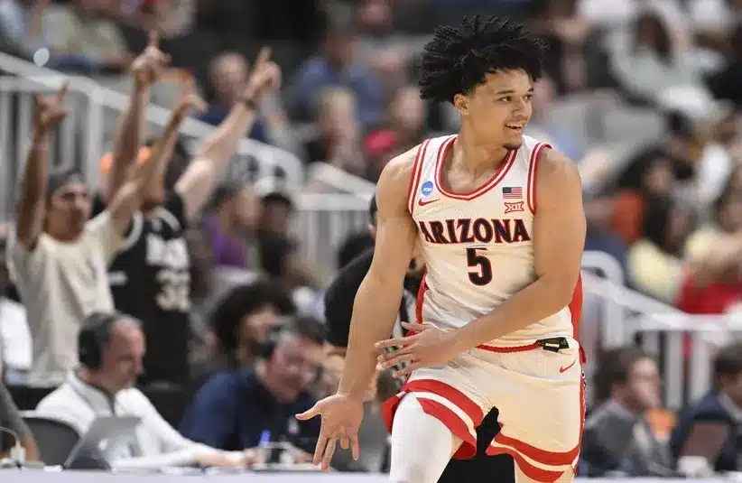 Arizona Wildcats guard Brayden Burries (5) celebrates after a play against the Arkansas Razorbacks. In happier times then against Michigan.