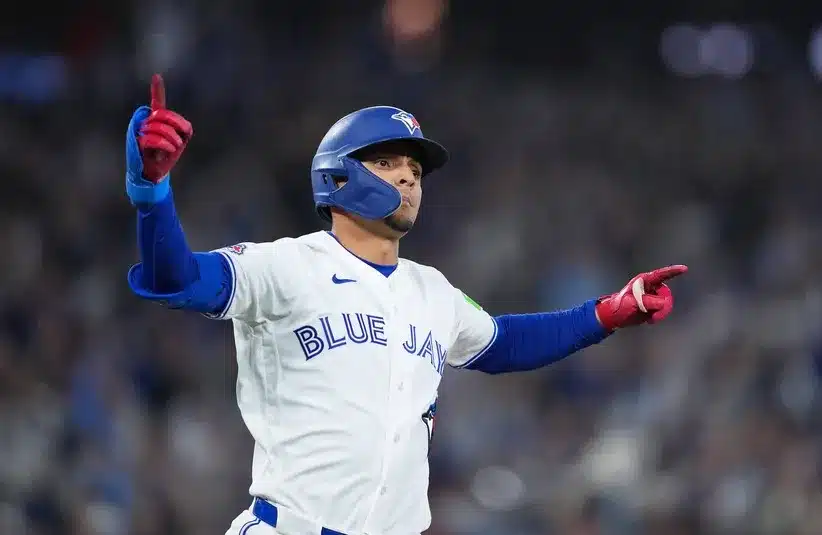 Toronto Blue Jays shortstop Andres Gimenez (0) celebrates after hitting a walk off single. He faces the Yankees on August 22.