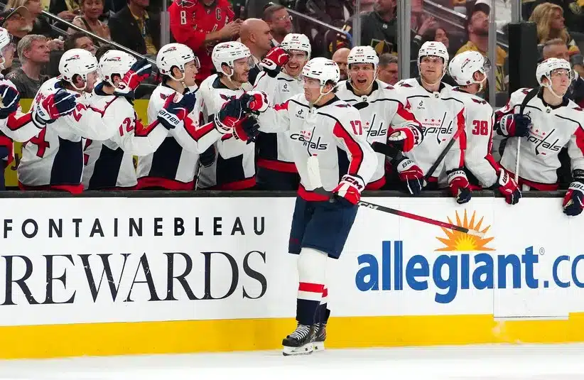 Washington Capitals center Dylan Strome (17) celebrates