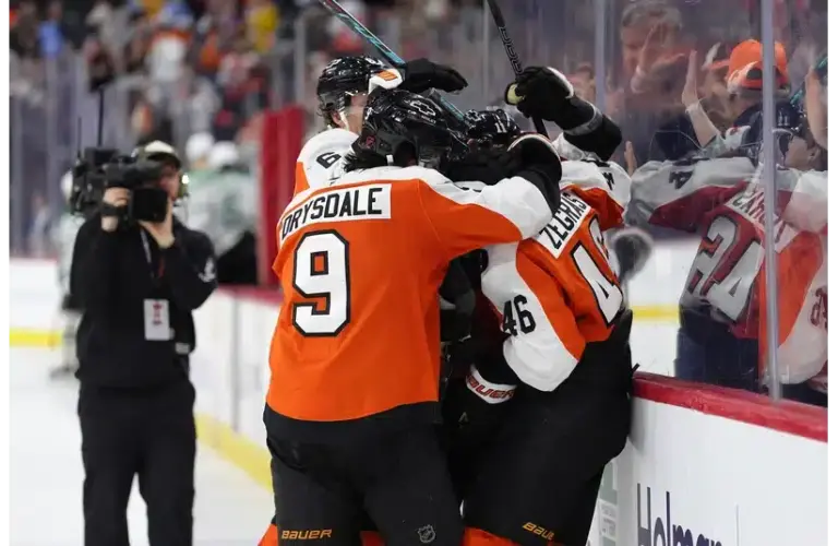 Flyers vs. Devils: Trevor Zegras celebrates with Philadelphia Flyers teammates