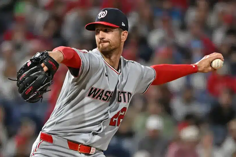 Caption: Mar 30, 2026; Philadelphia, Pennsylvania, USA; Washington Nationals pitcher Foster Griffin (22) throws a pitch against the Philadelphia Phillies during the third inning at Citizens Bank Park.