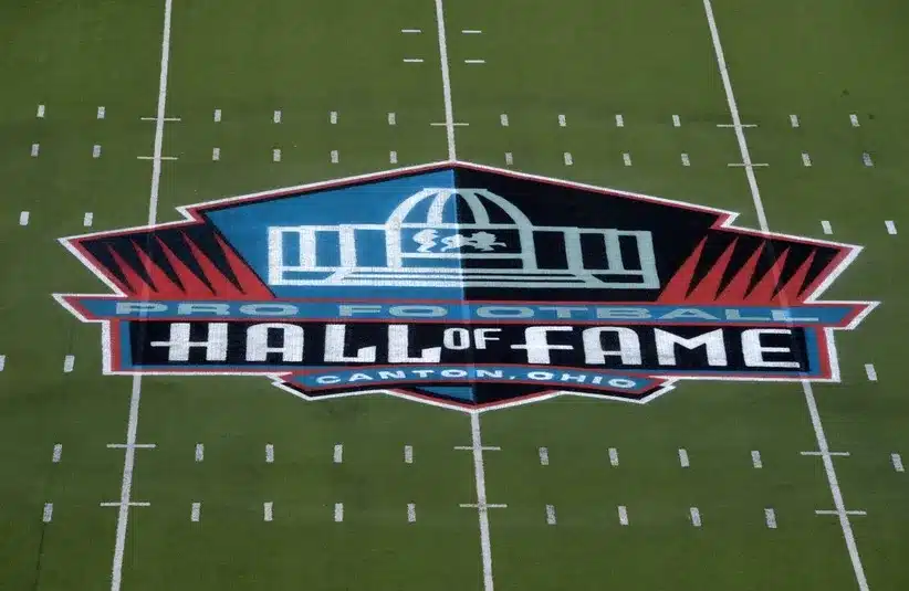 General view of the Pro Football Hall of Fame logo at midfield of Fawcett Stadium