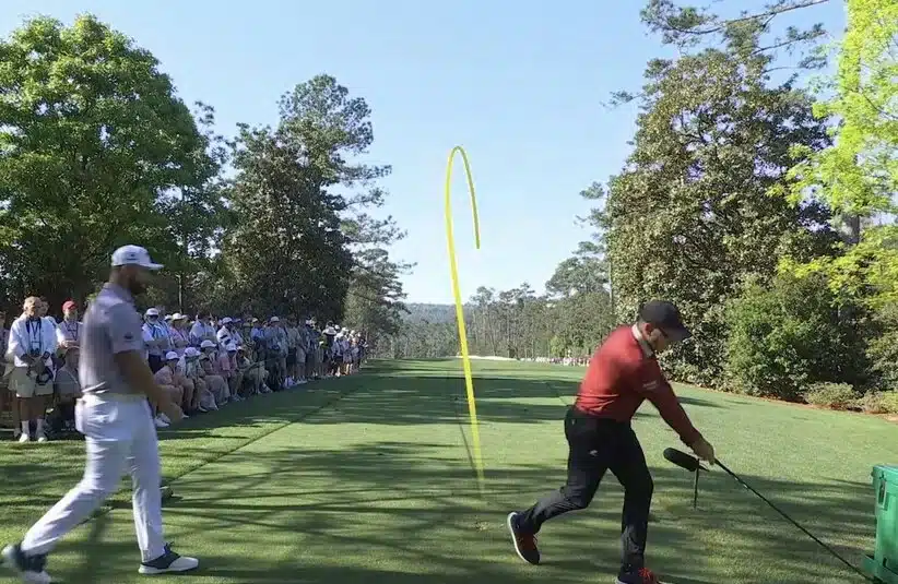 Sergio Garcia swinging his driver at the tee box during the Masters.