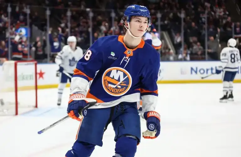 Apr 9, 2026; Elmont, New York, USA; New York Islanders defenseman Matthew Schaefer (48) reacts after scoring a goal in the second period against the Toronto Maple Leafs at UBS Arena.