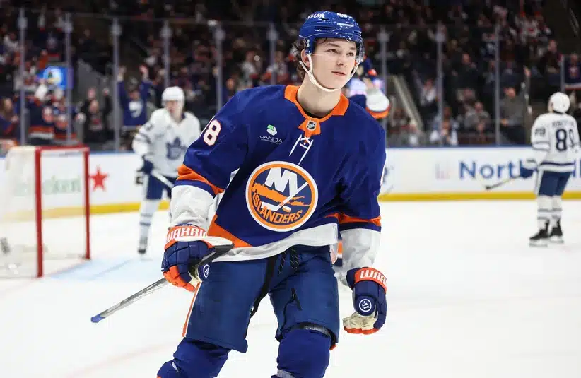 Apr 9, 2026; Elmont, New York, USA; New York Islanders defenseman Matthew Schaefer (48) reacts after scoring a goal in the second period against the Toronto Maple Leafs at UBS Arena.