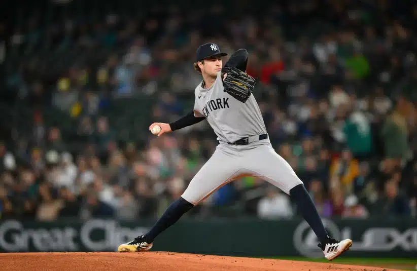 Apr 1, 2026; Seattle, Washington, USA; New York Yankees starting pitcher Cam Schlittler (31) pitches to the Seattle Mariners during the first inning at T-Mobile Park