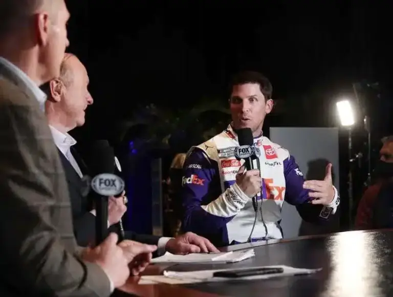 Kyle Busch; Denny Hamlin is interviewed on Nascar Race Hub, Wednesday February 16, 2022 during NASCAR Media day in the Daytona 500 Club at Daytona International Speedway. Media Day 2