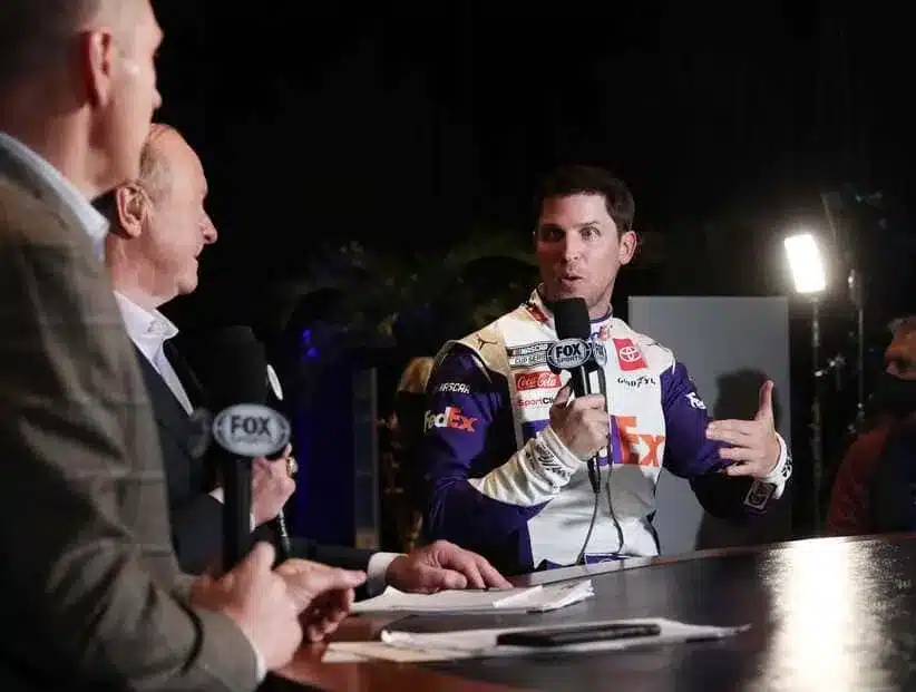 Kyle Busch; Denny Hamlin is interviewed on Nascar Race Hub, Wednesday February 16, 2022 during NASCAR Media day in the Daytona 500 Club at Daytona International Speedway. Media Day 2