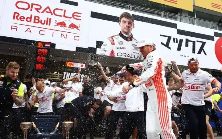 [US, Mexico & Canada customers only] April 6, 2025; Suzuka, JAPAN; Max Verstappen celebrates after winning the F1 Japanese Grand Prix at Suzuka Circuit.