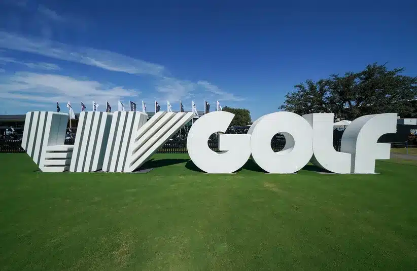 The LIV Golf logo near the first tee during the second round of the LIV Golf Dallas golf tournament at Maridoe Golf Club.