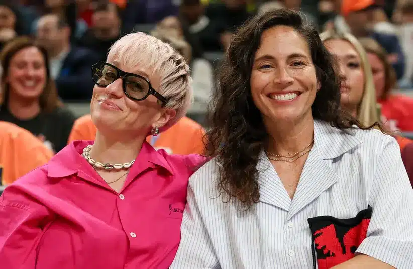Megan Rapinoe and Sue Bird pose for a photo during the 2025 WNBA All Star Skills Challenge at Gainbridge Fieldhouse.